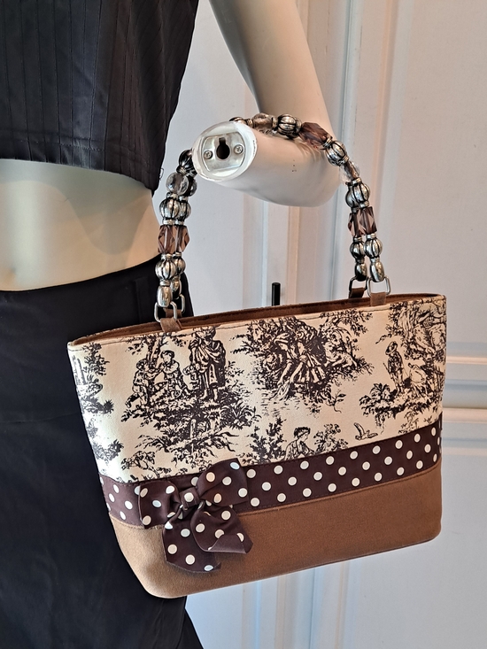 Vivary Handbags - Vivary Vintage Cream Brown Toile De Jouy Tote Satchel Polka-Dot Bow Canvas Bag
